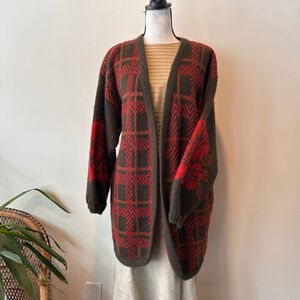 Vintage Jacques Vert Abstract Floral Plaid Cardigan | 80s Longline Wool Blend |L